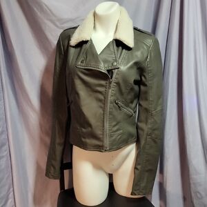 A. Byer Olive Leather Jacket with Shearling Collar
